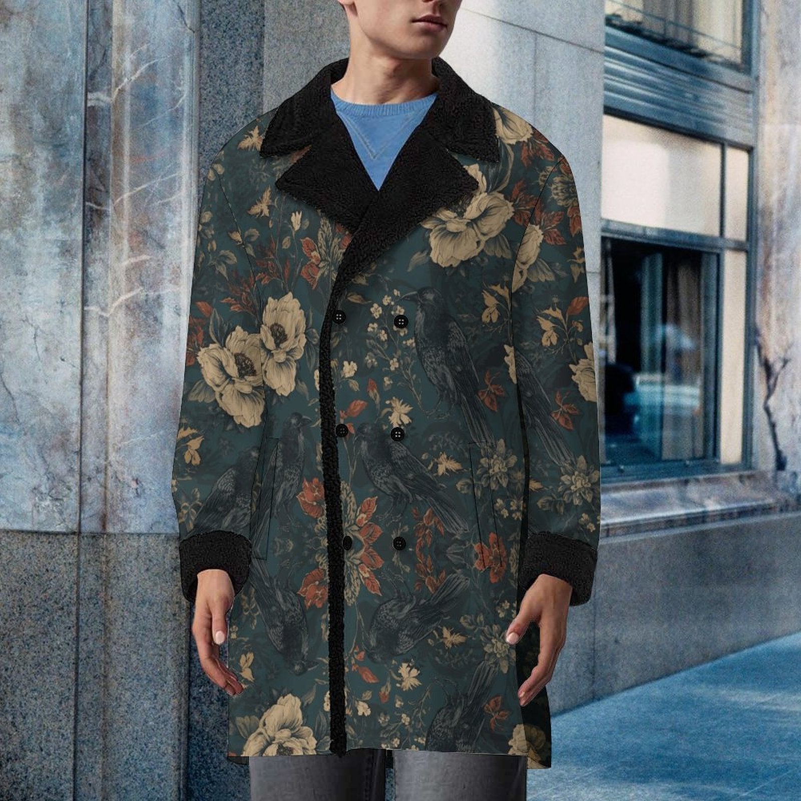 Person wearing a floral coat with black trim standing against a city building background