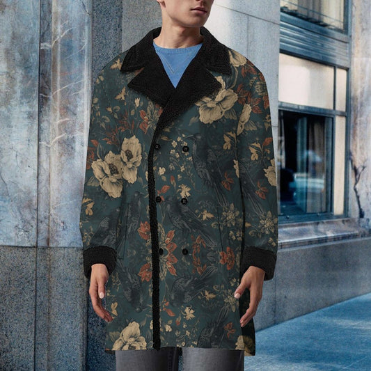 Person wearing a floral coat with black trim standing against a city building background