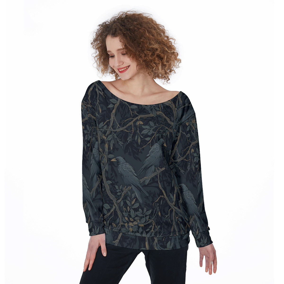 Woman wearing a dark patterned top on a white background