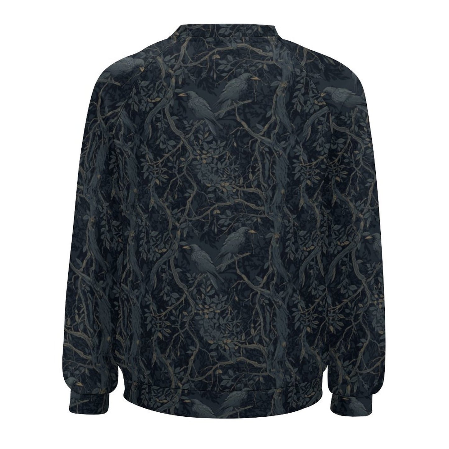 Dark patterned shirt with bird and branch design on a white background