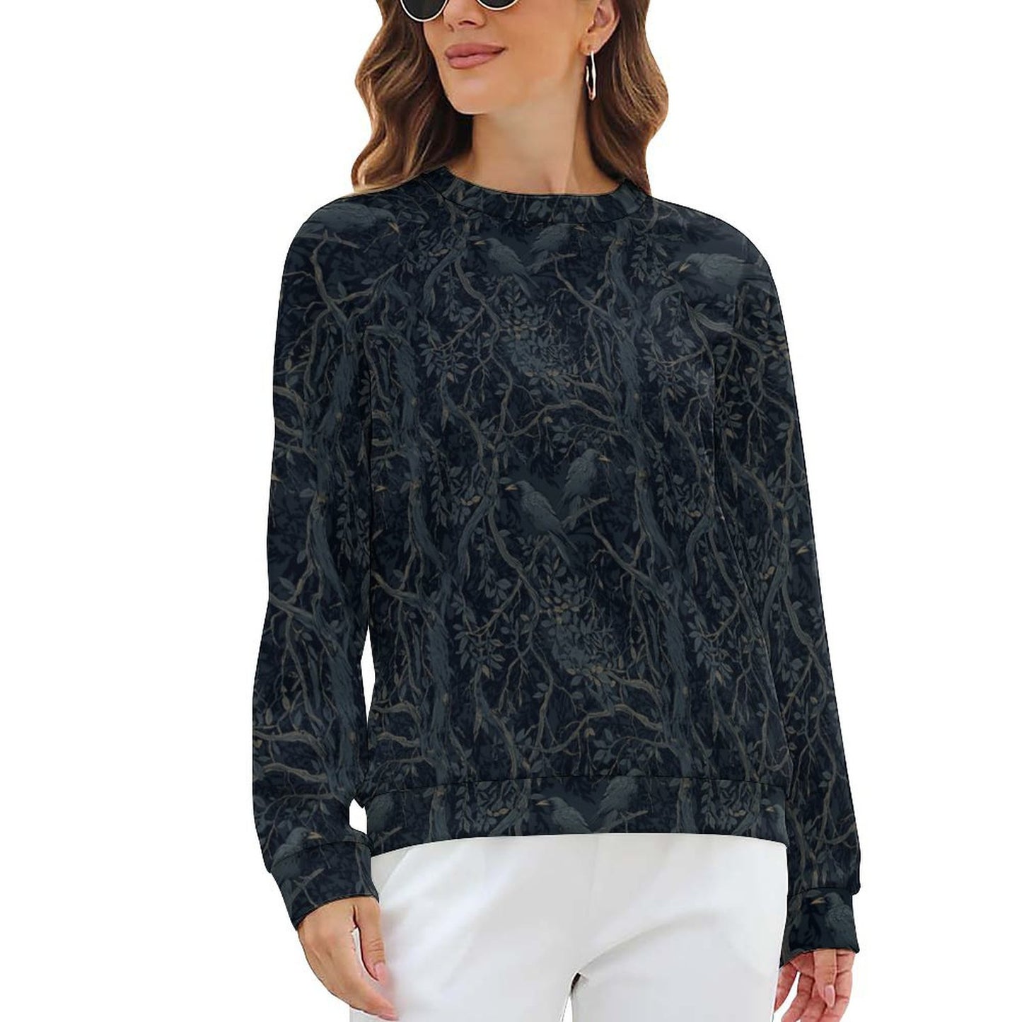Woman wearing a dark patterned sweater on a white background