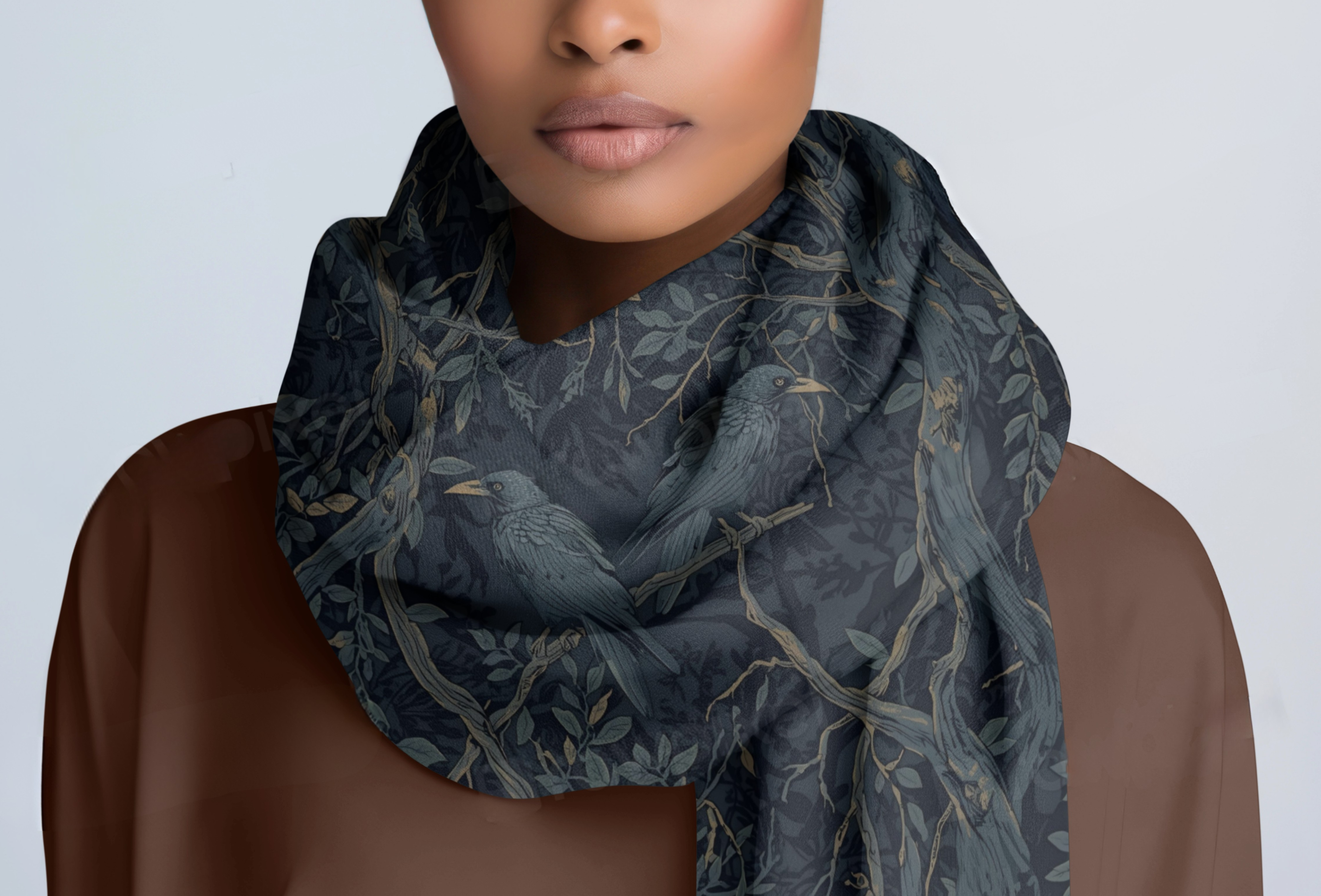 Person wearing a dark blue patterned scarf on a plain background