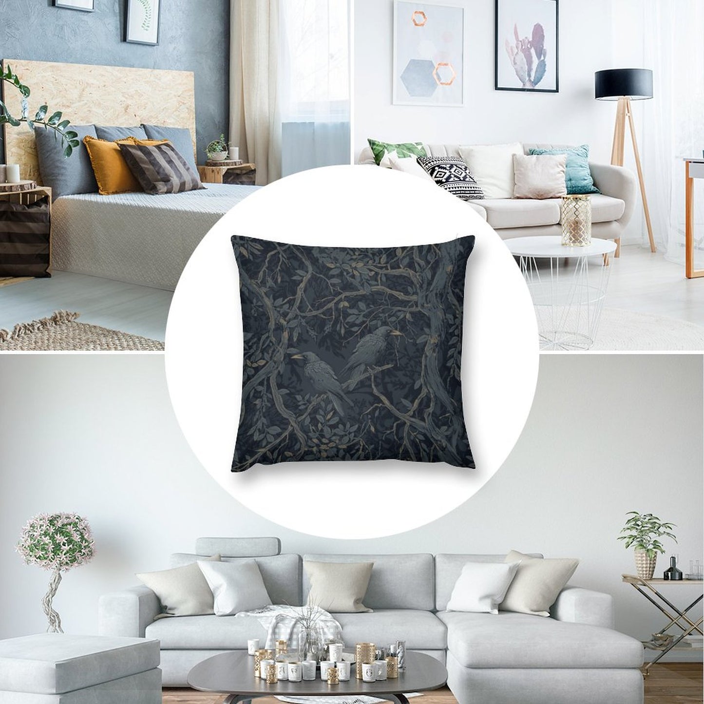 Decorative pillow with bird pattern in a living room setting