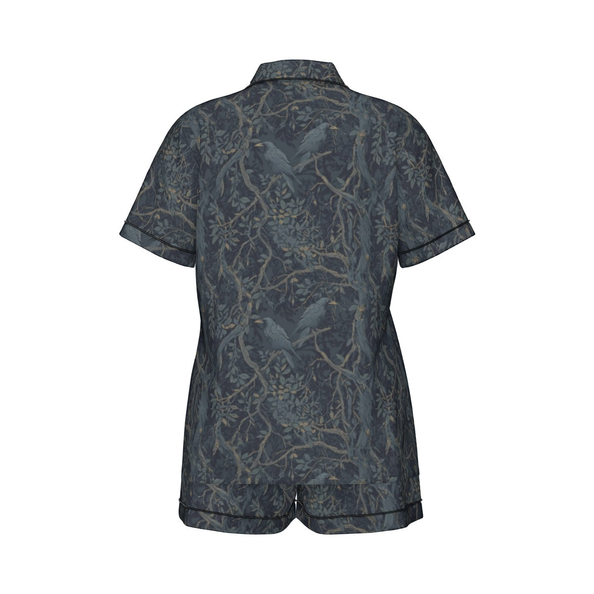 Short-sleeve shirt with nature-themed pattern on a white background