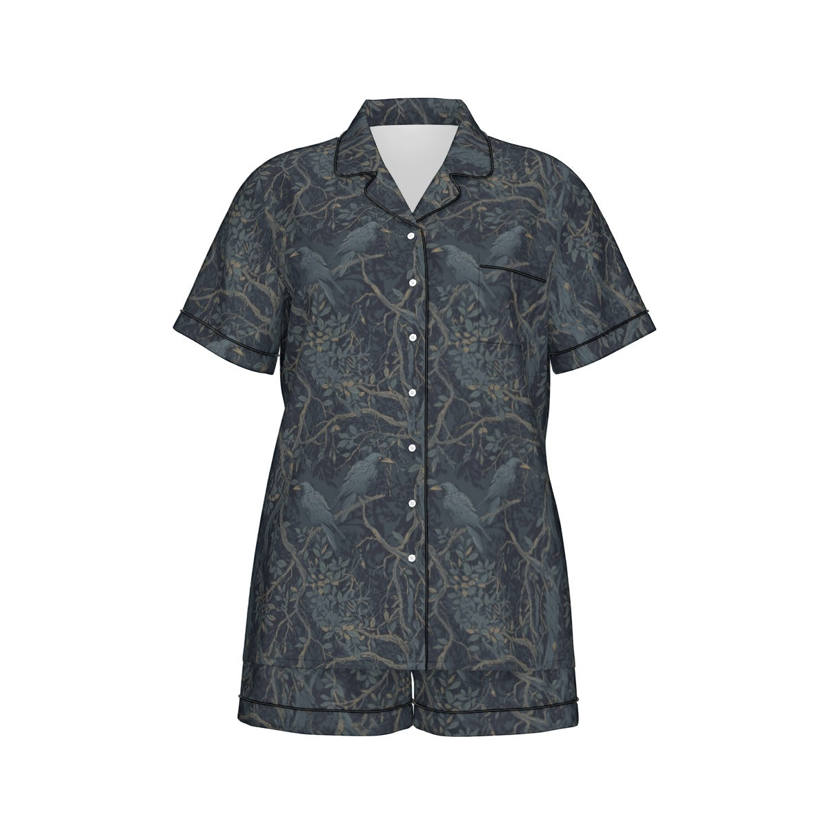 Short-sleeve shirt with bird pattern on a white background