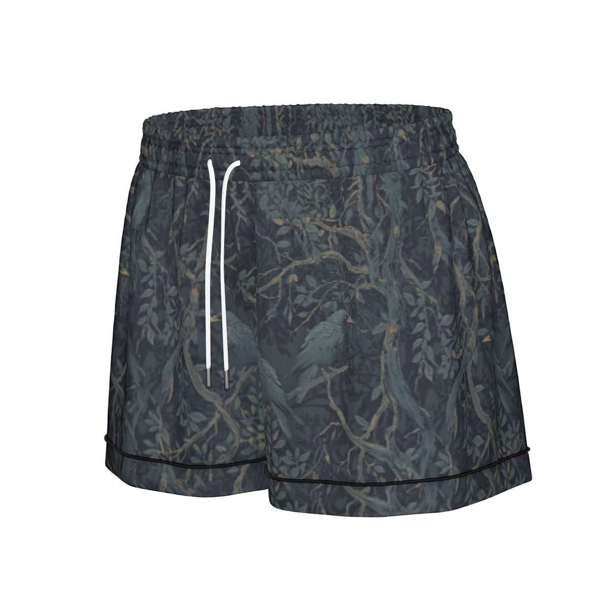 Dark patterned shorts with white drawstring on a white background