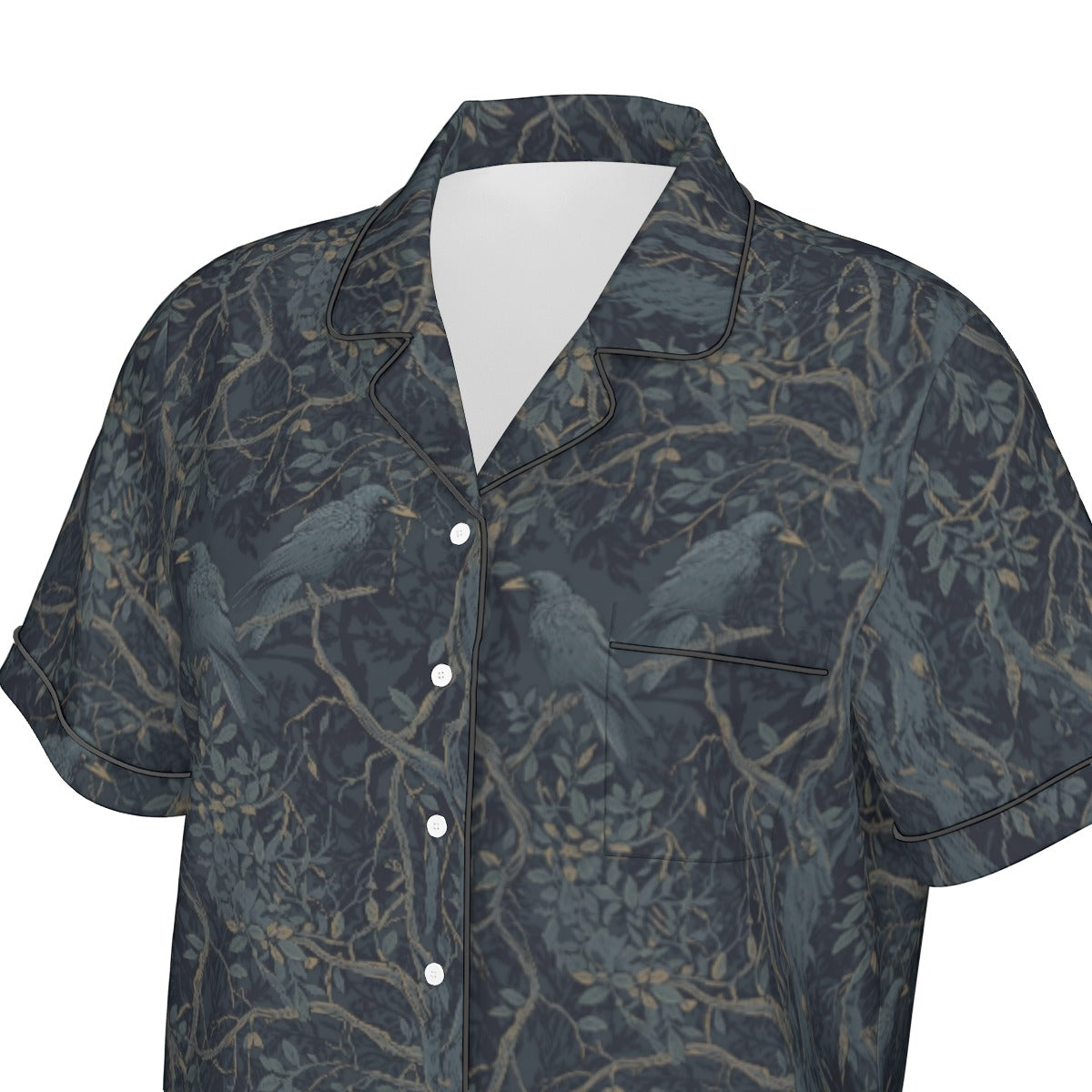 Short-sleeve shirt with bird and branch pattern on a white background