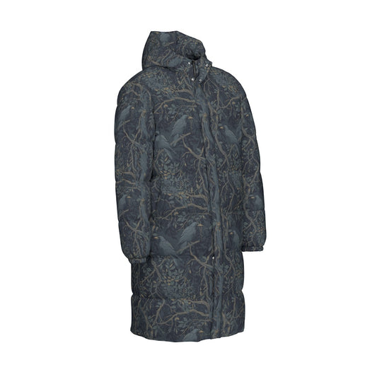 Long dark coat with a pattern on a white background