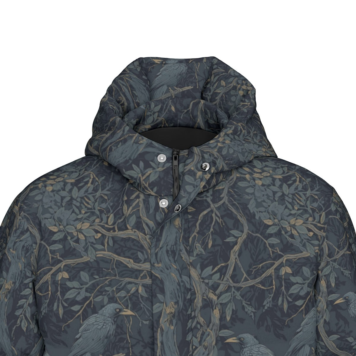 Dark blue jacket with bird and branch pattern on a white background