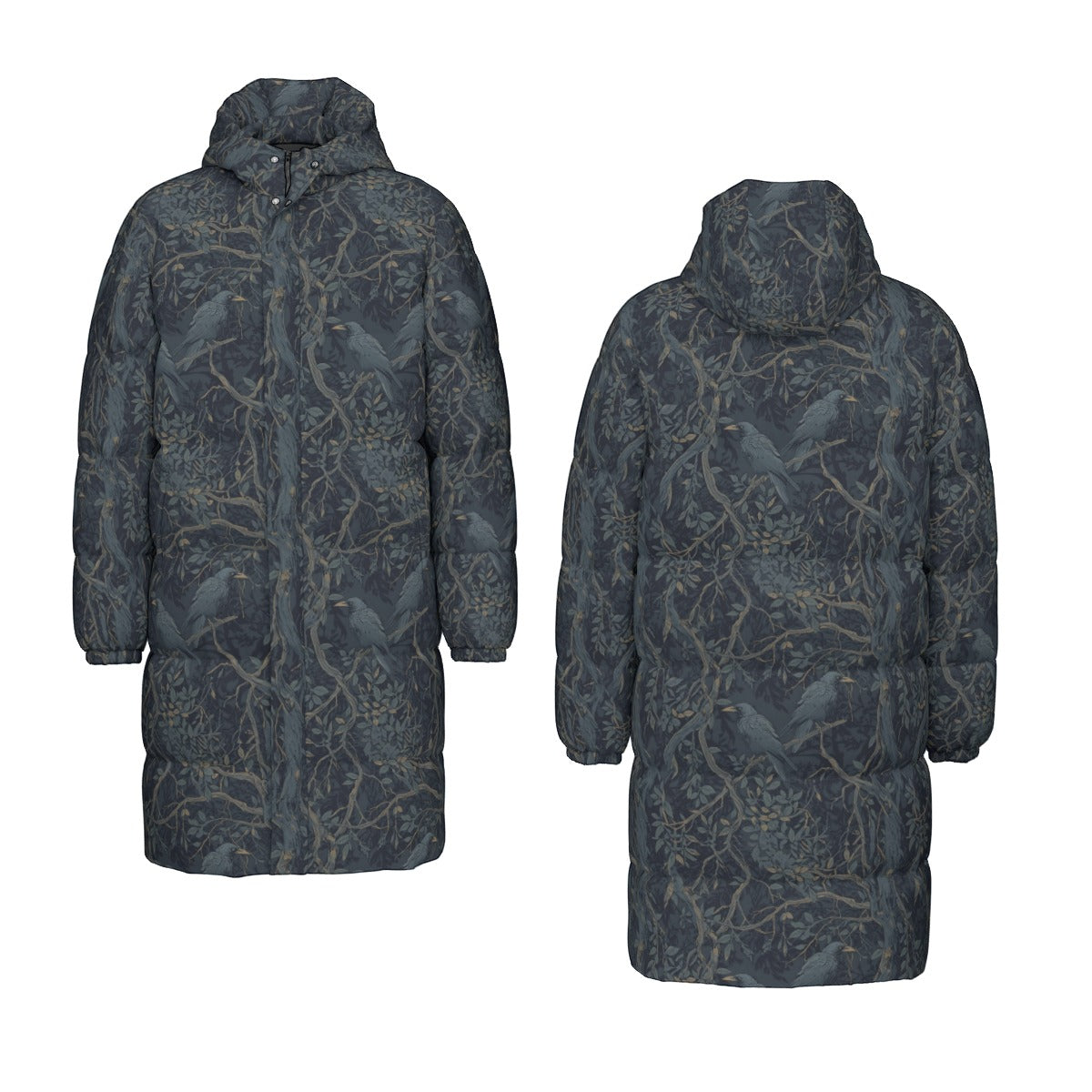 Long coat with a nature-themed pattern on a white background