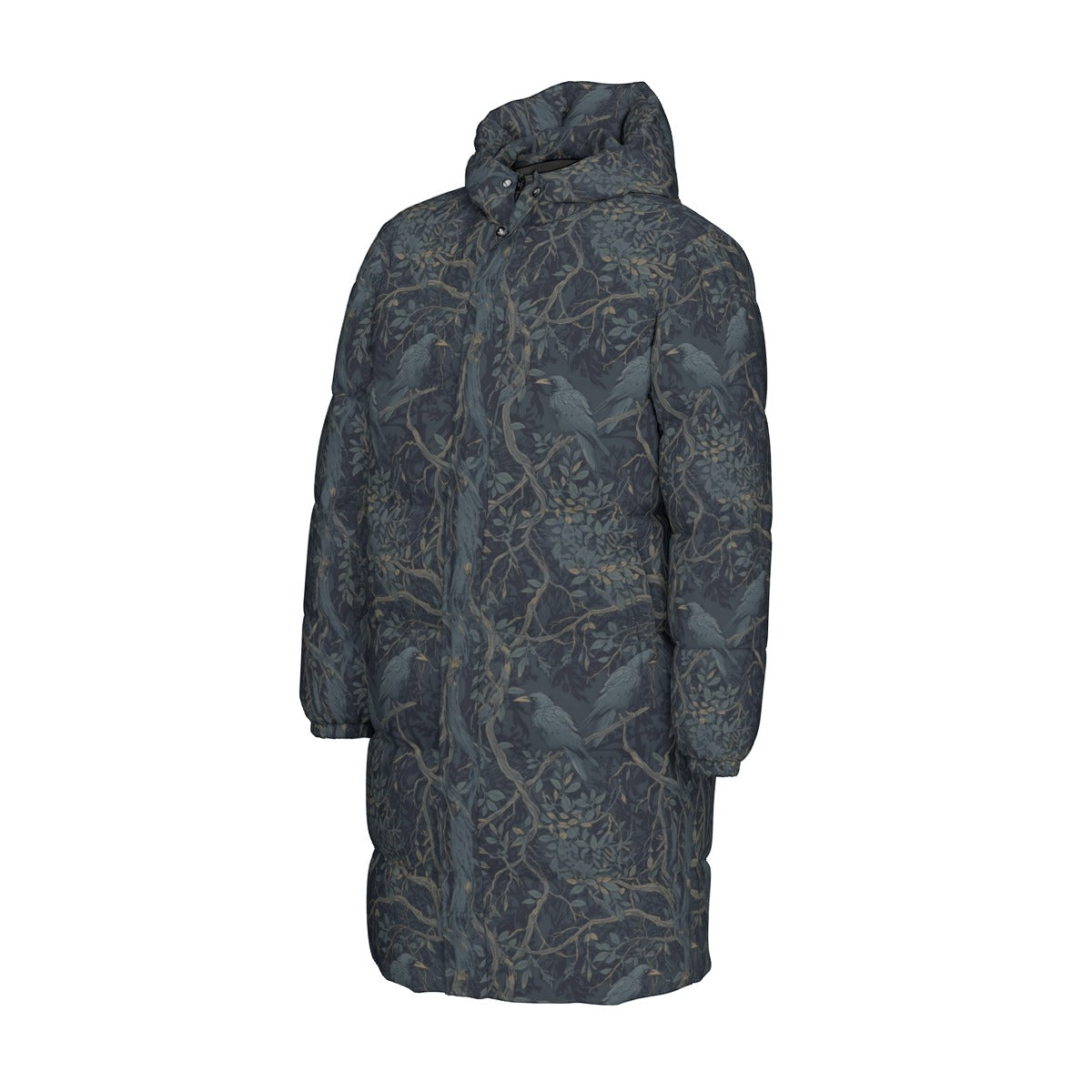 Long dark blue coat with bird pattern on a white background