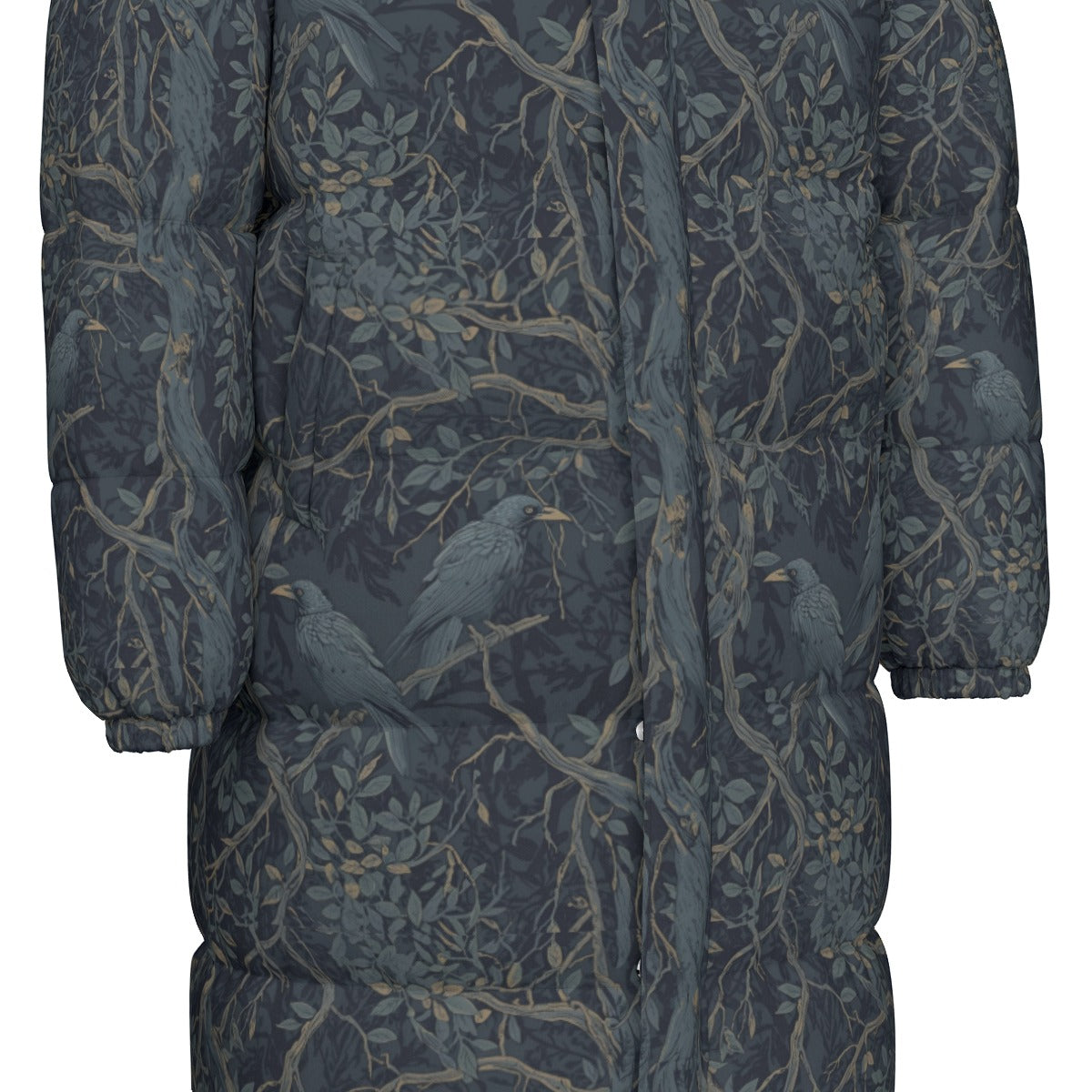Dark blue coat with bird and branch pattern on a white background