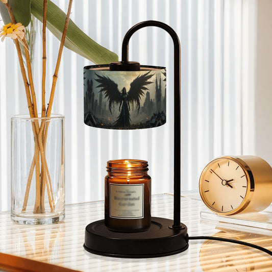 Decorative lamp with angel design, candle, and clock on a table.