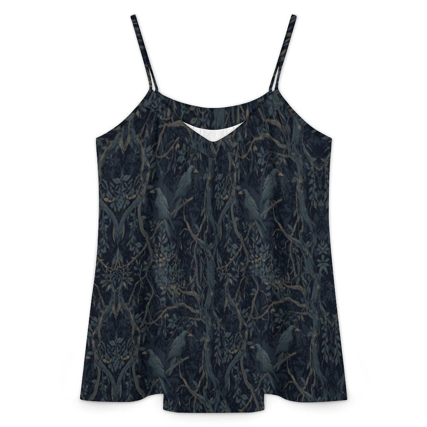 A sleeveless camisole top with thin straps, featuring an all-over dark forest pattern of birds perched on branches in muted blue-gray and brown tones, shown against a plain white background.