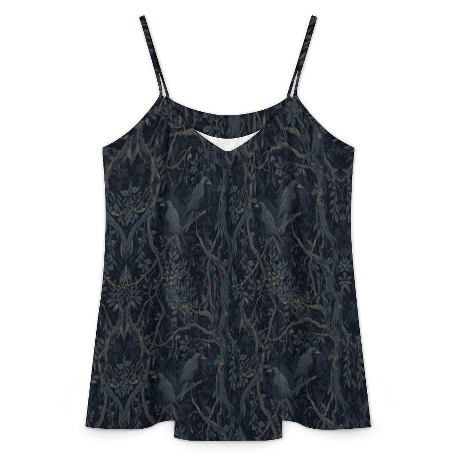 A sleeveless camisole top with thin straps, featuring an all-over dark forest pattern of birds perched on branches in muted blue-gray and brown tones, shown against a plain white background.
