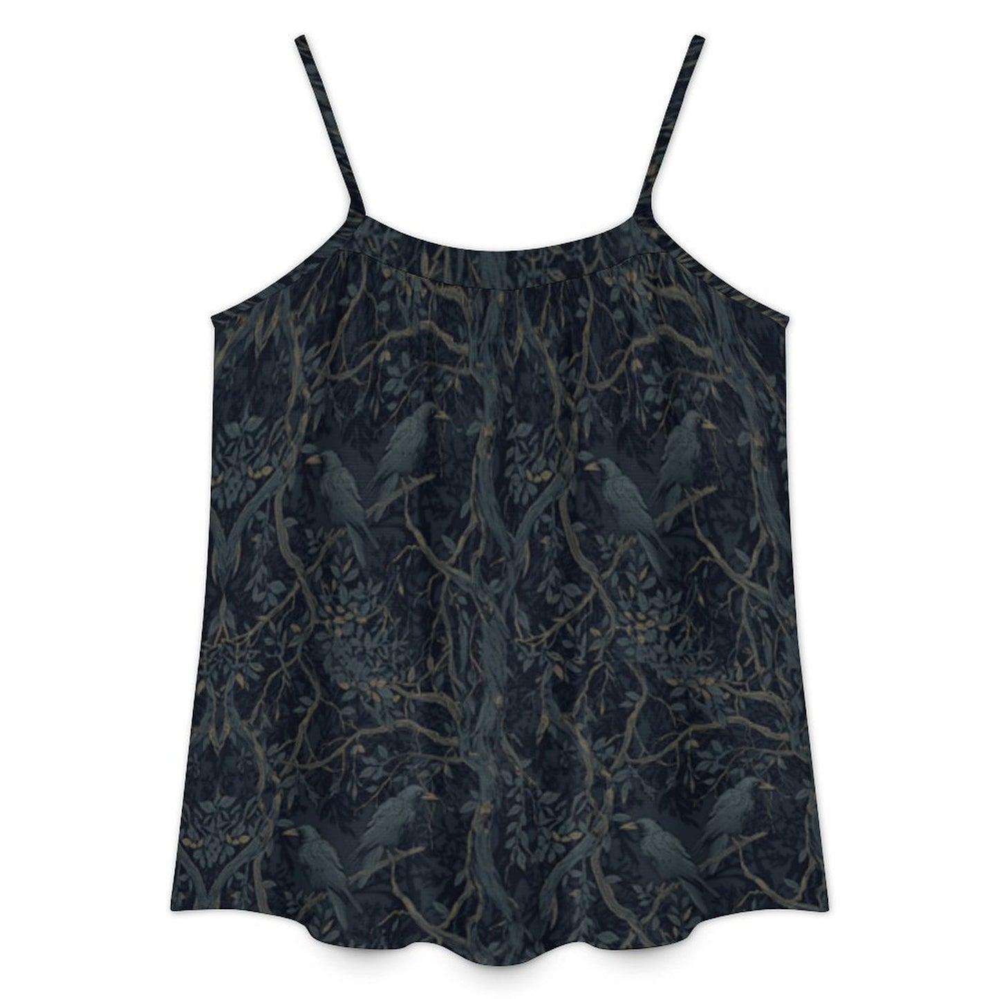 A sleeveless camisole top with thin spaghetti straps, featuring an all-over dark navy and black botanical branch pattern with small bird silhouettes, shown against a plain white background.