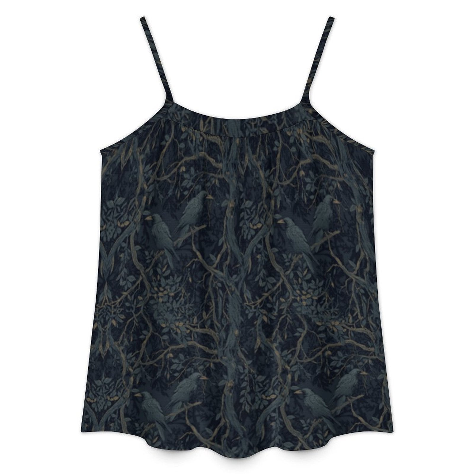 A sleeveless camisole top with thin spaghetti straps, featuring an all-over dark navy and black botanical branch pattern with small bird silhouettes, shown against a plain white background.