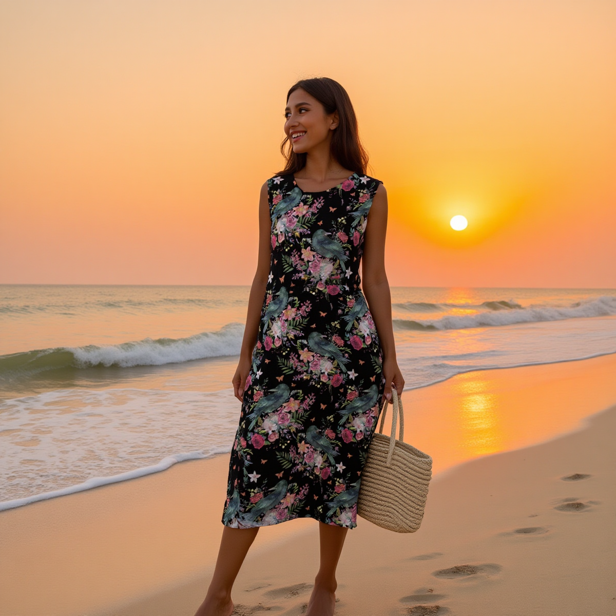 Woman in a floral dress standing on a beach at sunset