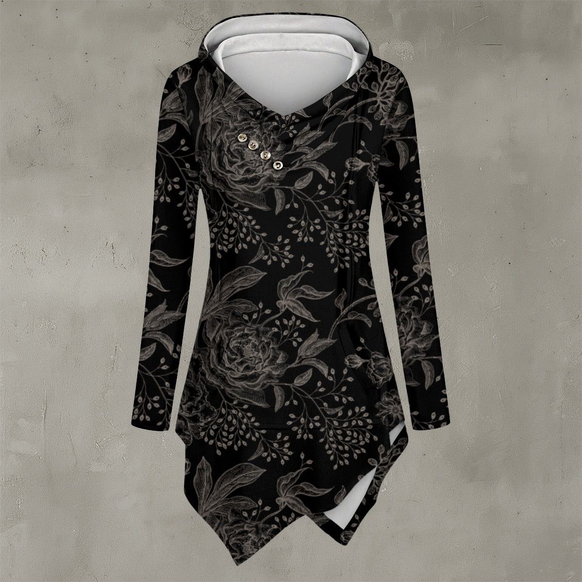 Black floral patterned dress with a hood on a gray background