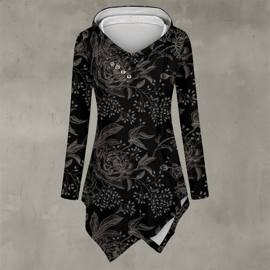 Black floral patterned dress with a hood on a gray background