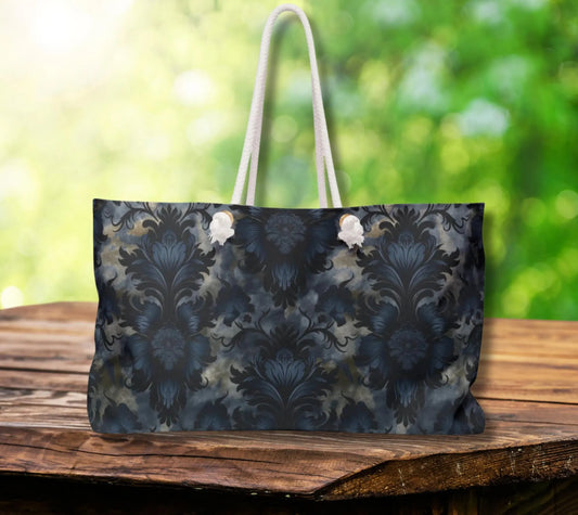 Patterned tote bag on a wooden surface with a blurred green background