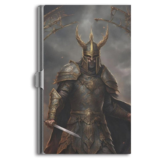 A business card holder featuring an illustration of a dark knight in a fantasy setting.