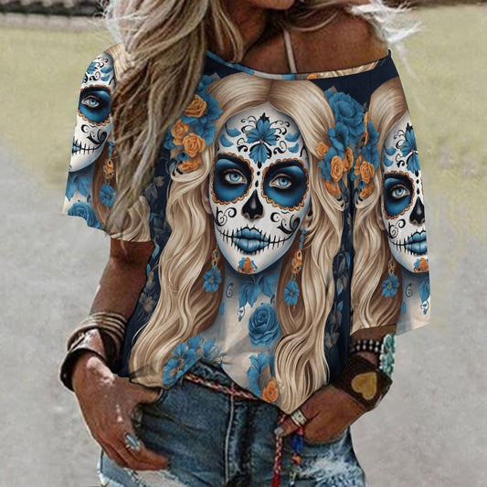 Day of the Dead Blue and White Off the Shoulder Blouse, Dia de los muertos shirt
