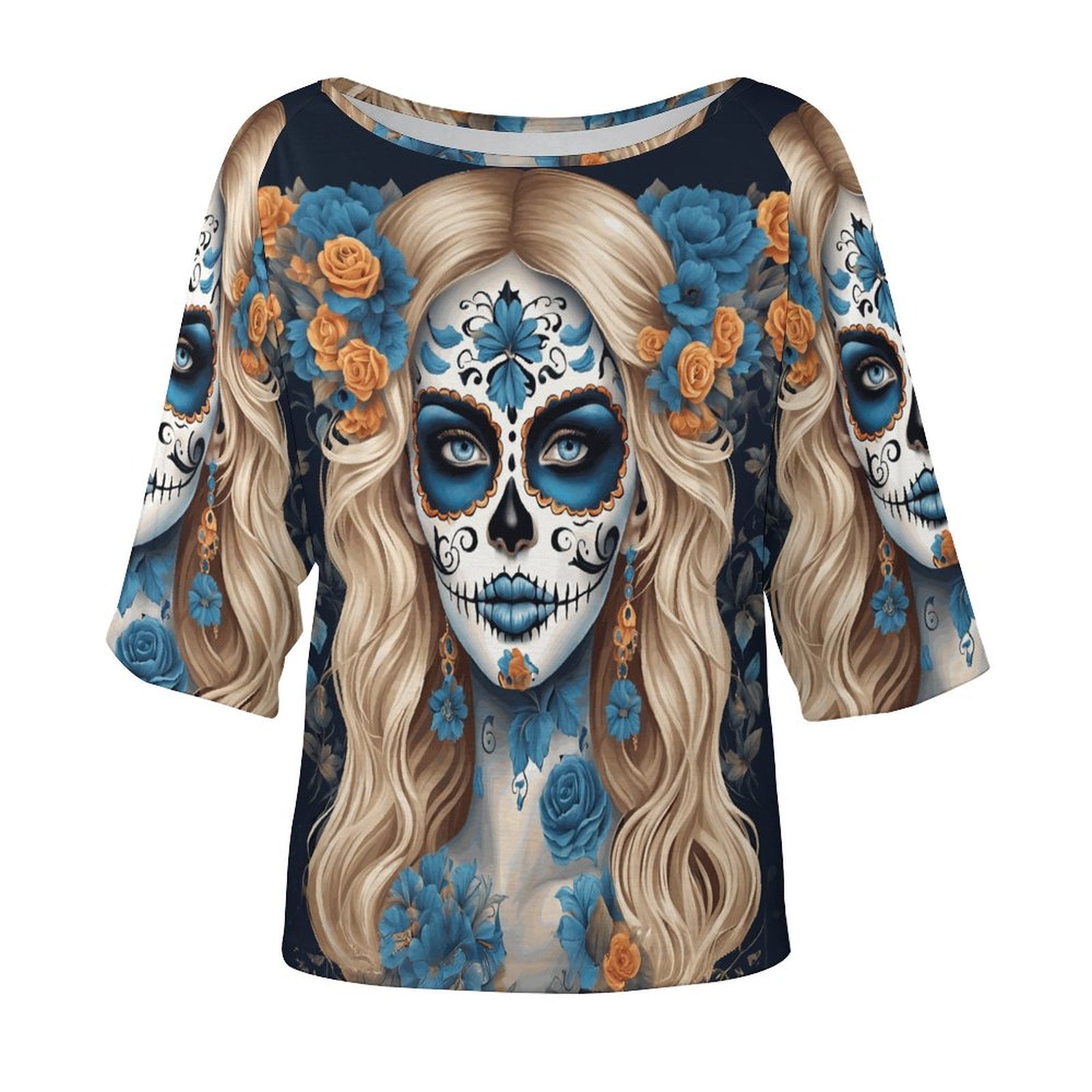 Day of the Dead Blue and White Off the Shoulder Blouse, Dia de los muertos shirt