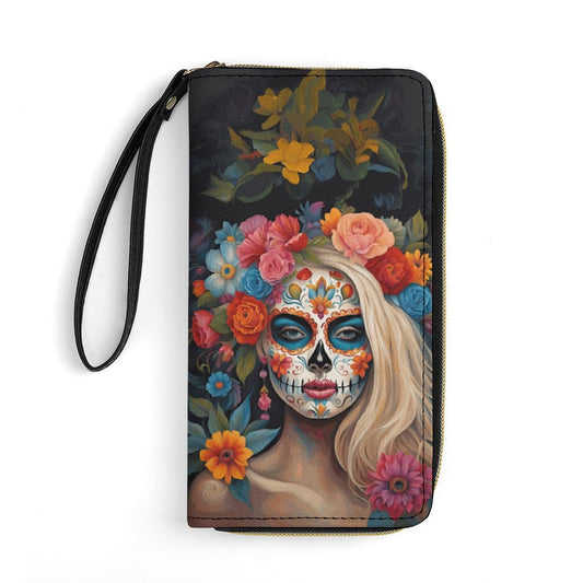 Day of the Dead Leather Wallet with Wristlet Strap