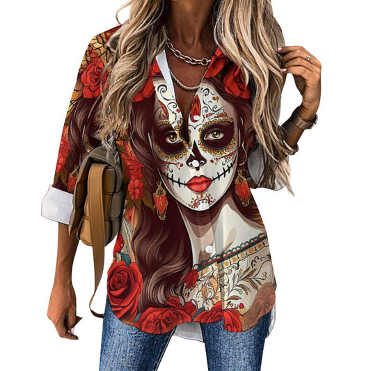 Day of the Dead Sugar Skull Flower Crown Blouse, Witchy Skull