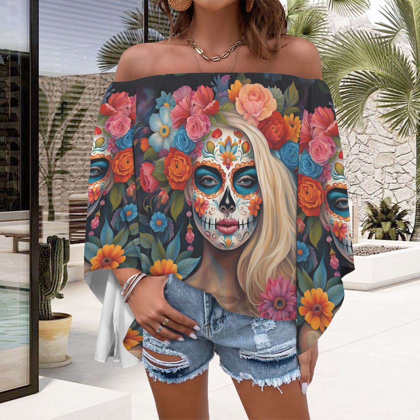 Day of the Dead Wildflower Off the Shoulder T-shirt, Dia de los muertos shirt
