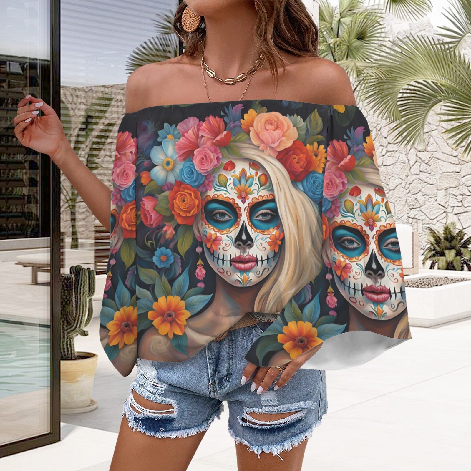 Day of the Dead Wildflower Off the Shoulder T-shirt, Dia de los muertos shirt