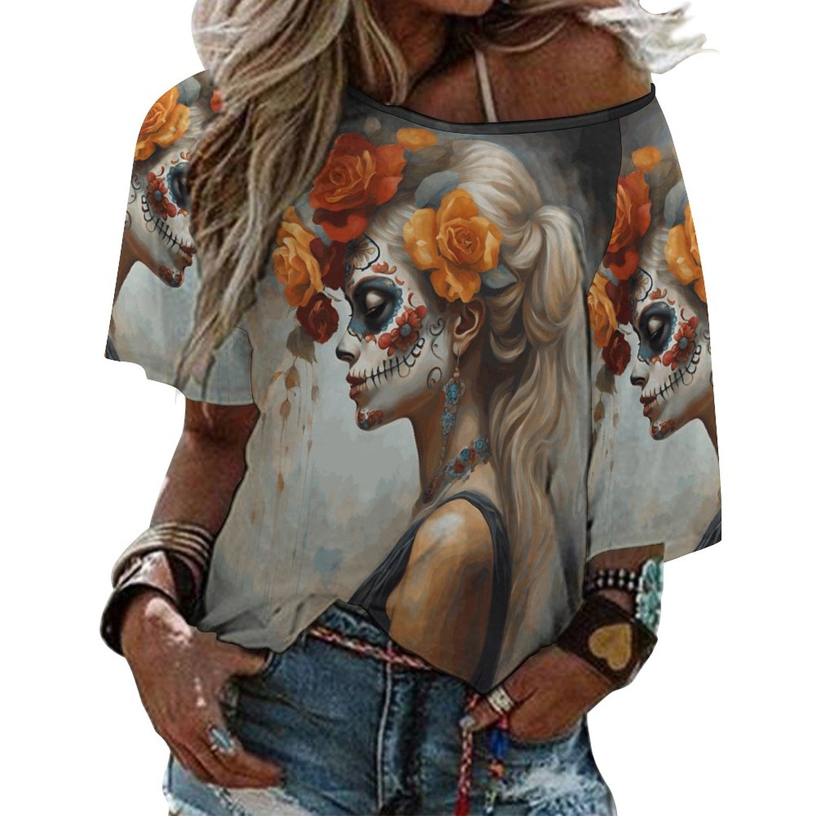 Day of the Dead Yellow Rose Off the Shoulder Blouse, Dia de los muertos shirt 