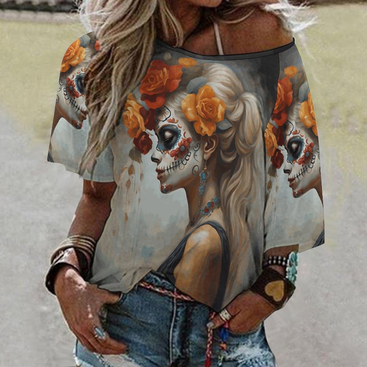 Day of the Dead Yellow Rose Off the Shoulder Blouse, Dia de los muertos shirt 