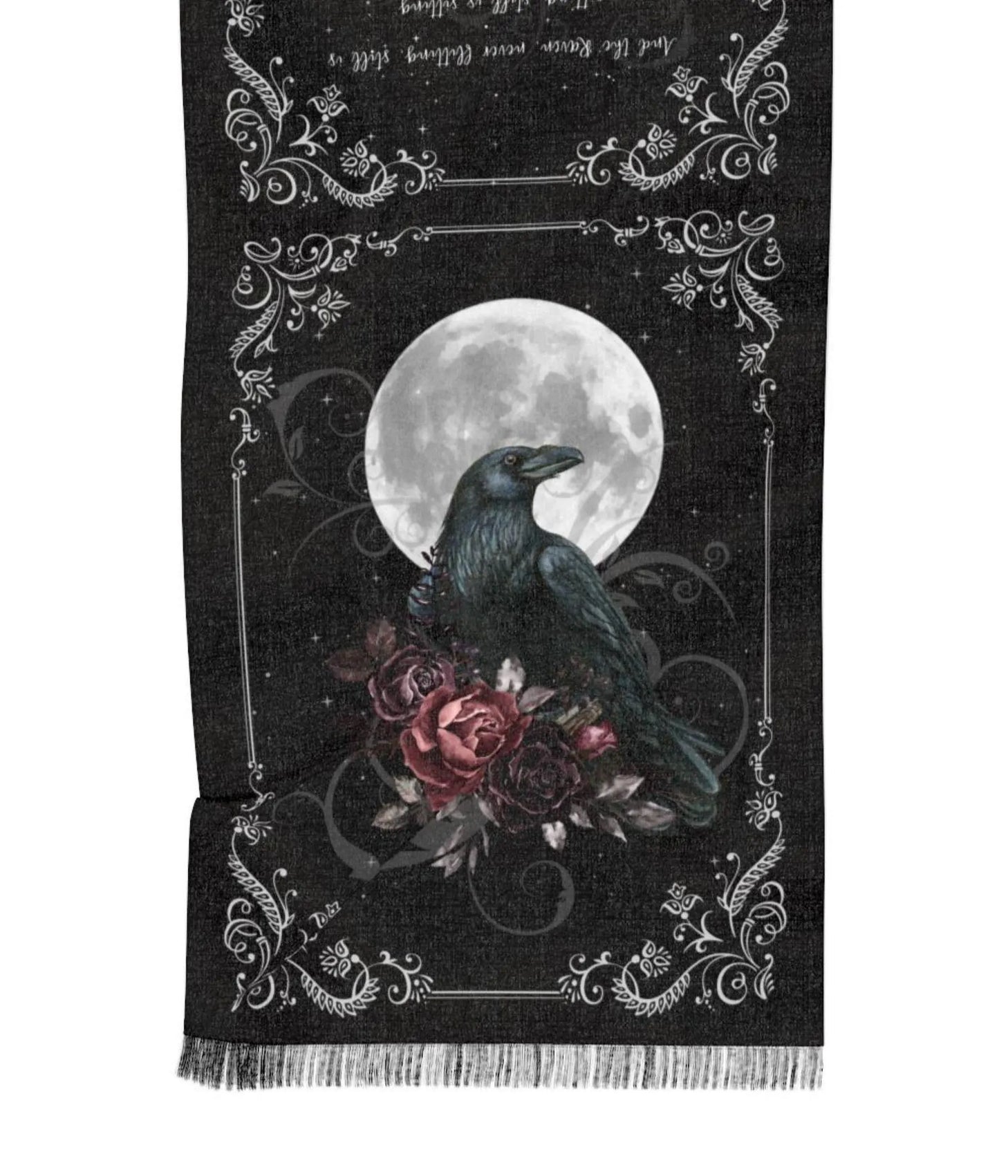 Scarf with a raven, roses, and moon design on a black background