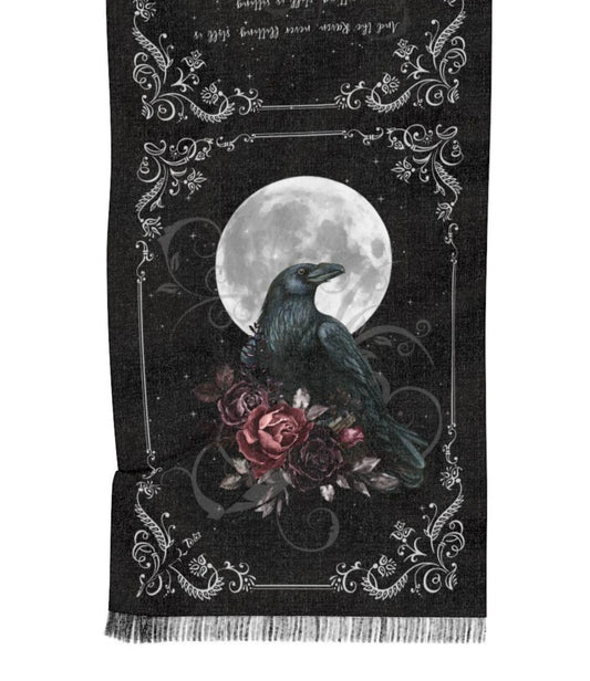 Scarf with a raven, roses, and moon design on a black background