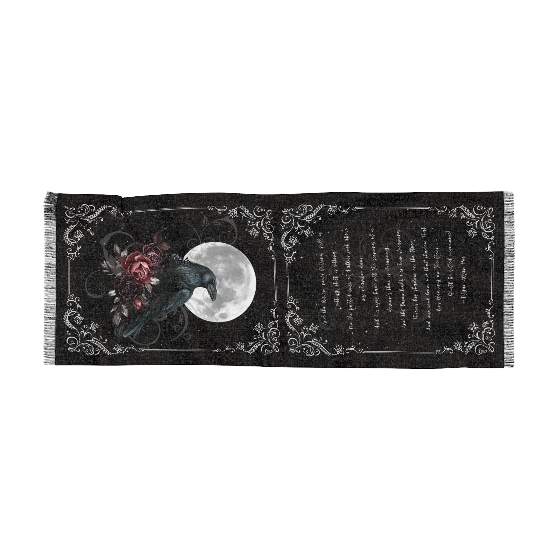 Decorative scarf with a gothic design featuring a crow, moon, and floral elements on a black background.
