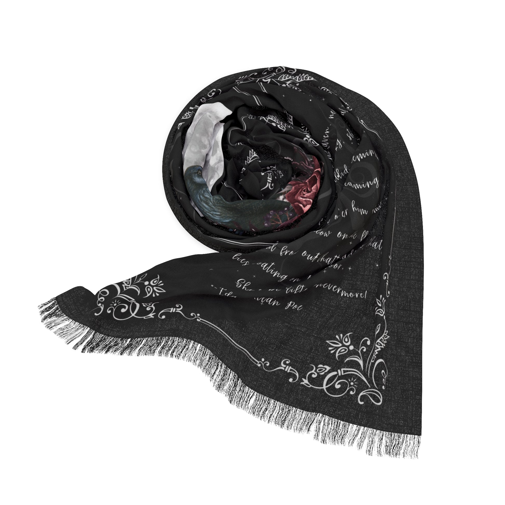 Black scarf with white patterns and text on a white background