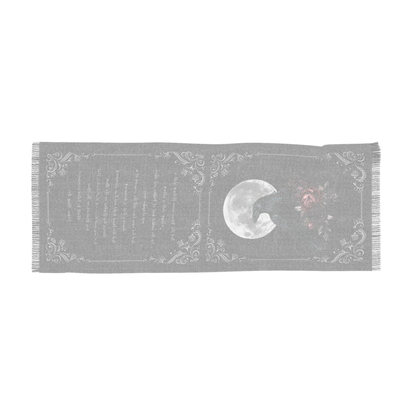 Gray scarf with moon and floral patterns on a white background
