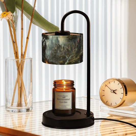Table lamp with a decorative jar and clock on a surface