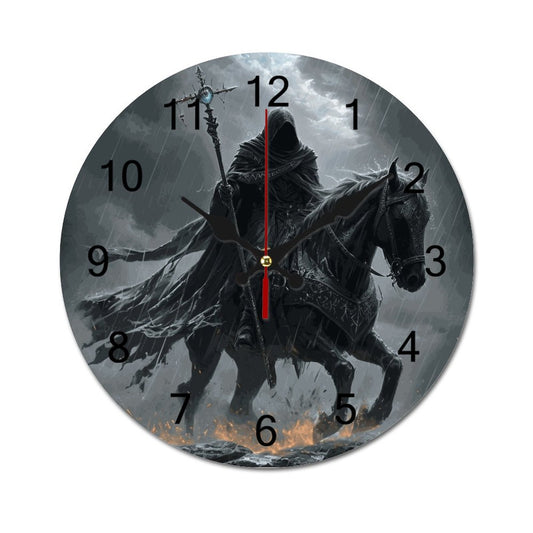 A wall clock featuring a black and white illustration of a knight riding a horse with a stormy background.