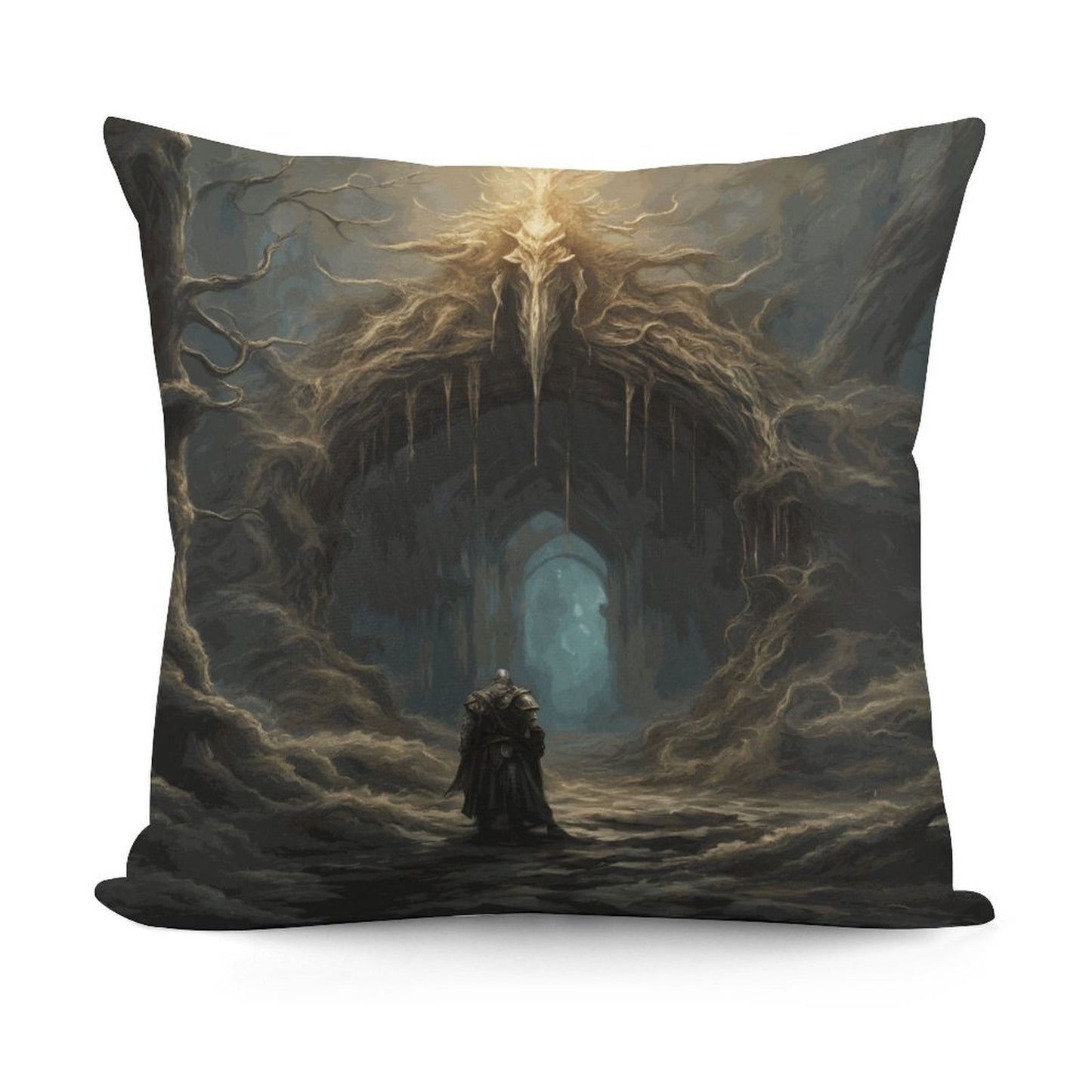 Decorative pillow with a fantasy design of a figure standing in a dark, otherworldly landscape.
