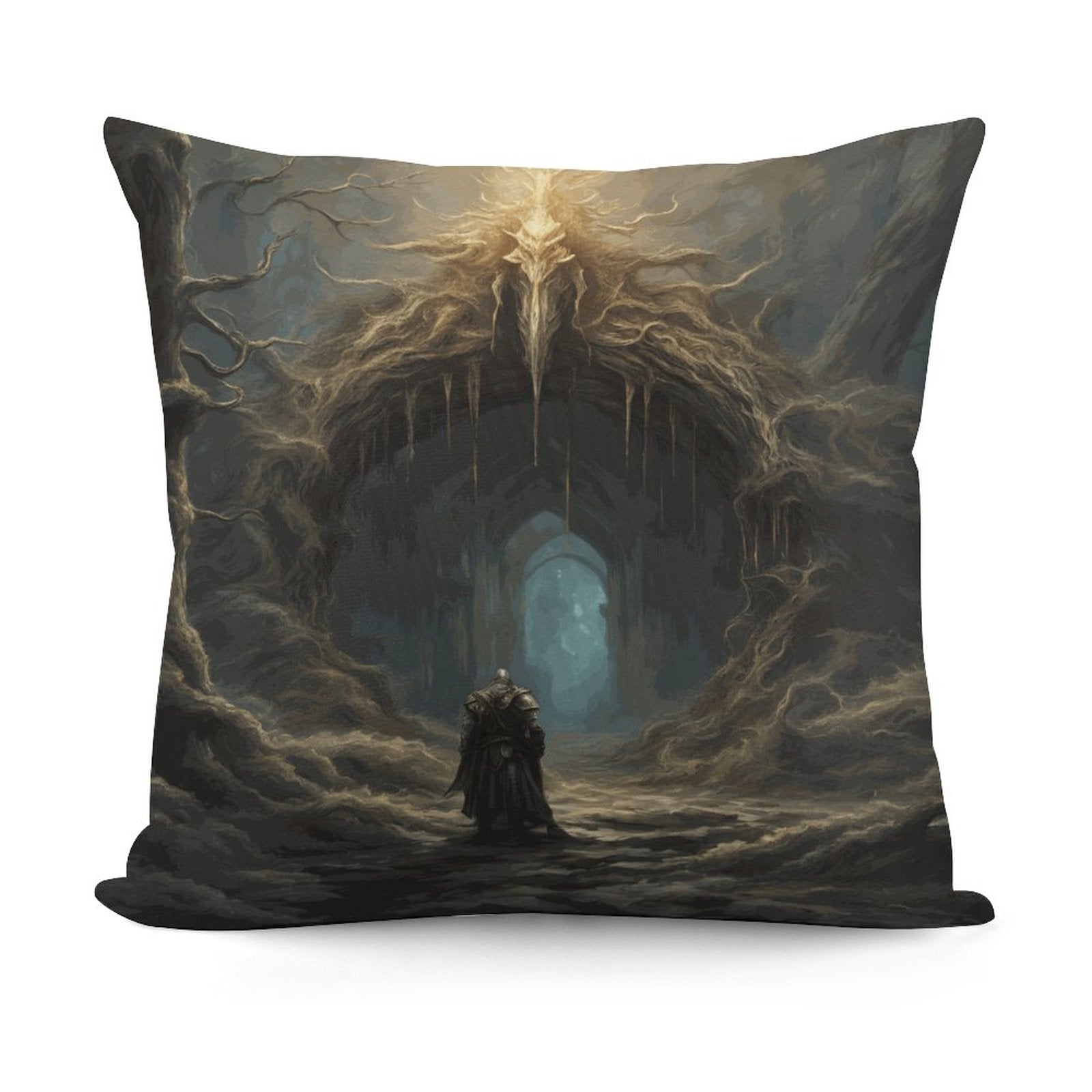 Decorative pillow with a fantasy design of a figure standing in a dark, otherworldly landscape.