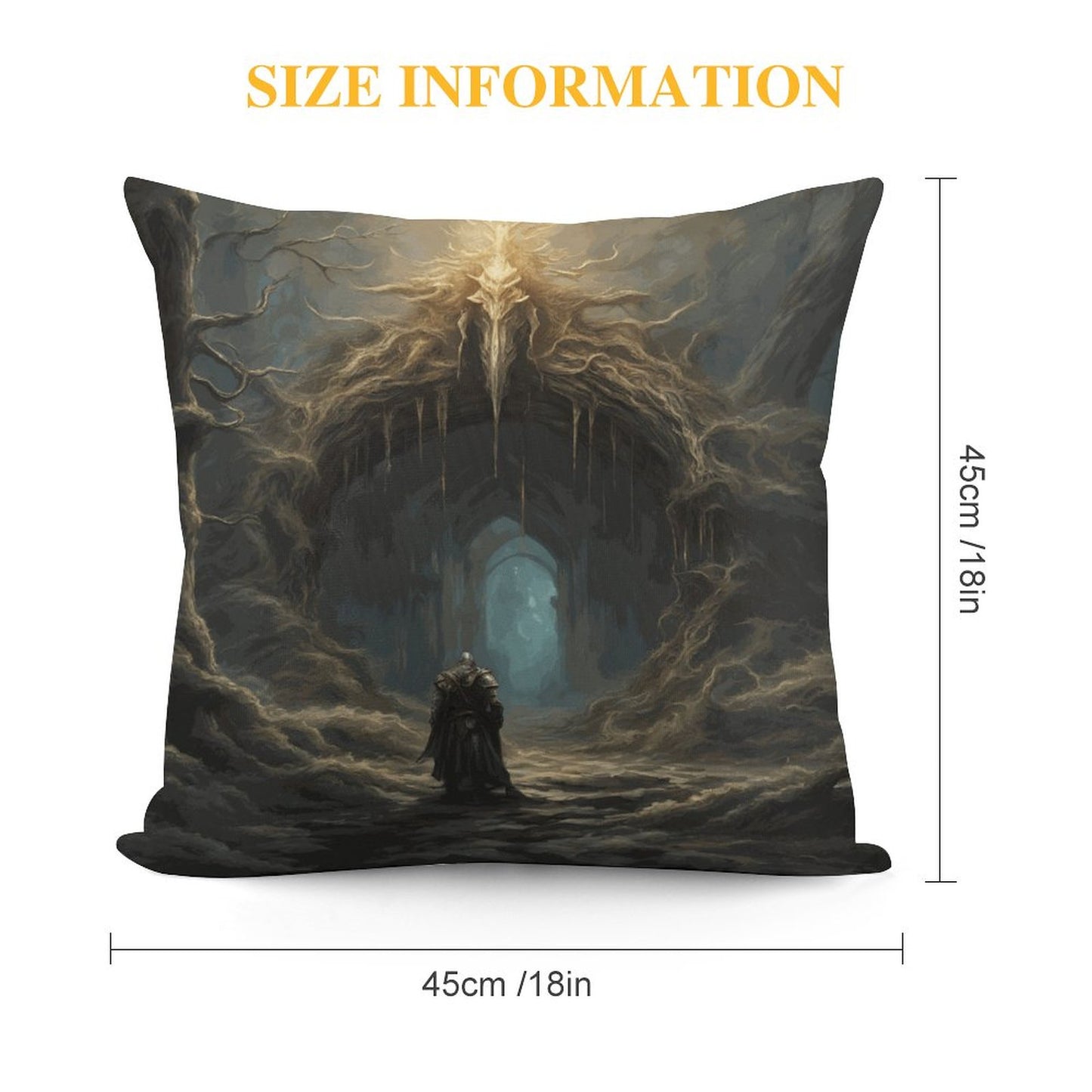 Decorative pillow with fantasy design and size information on a white background