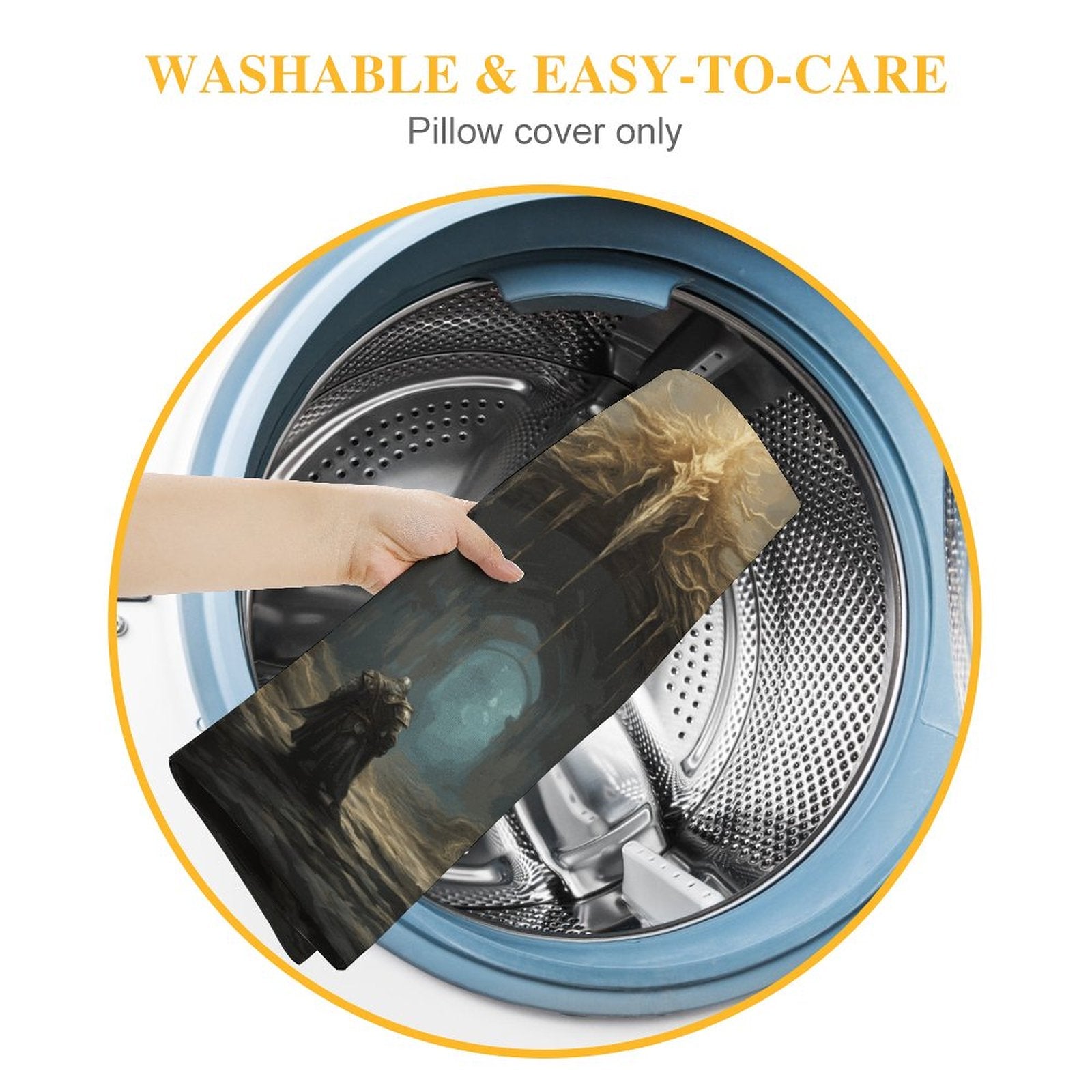 Hand placing a pillow cover into a washing machine with text 'Washable & Easy-to-Care' and 'Pillow cover only'.