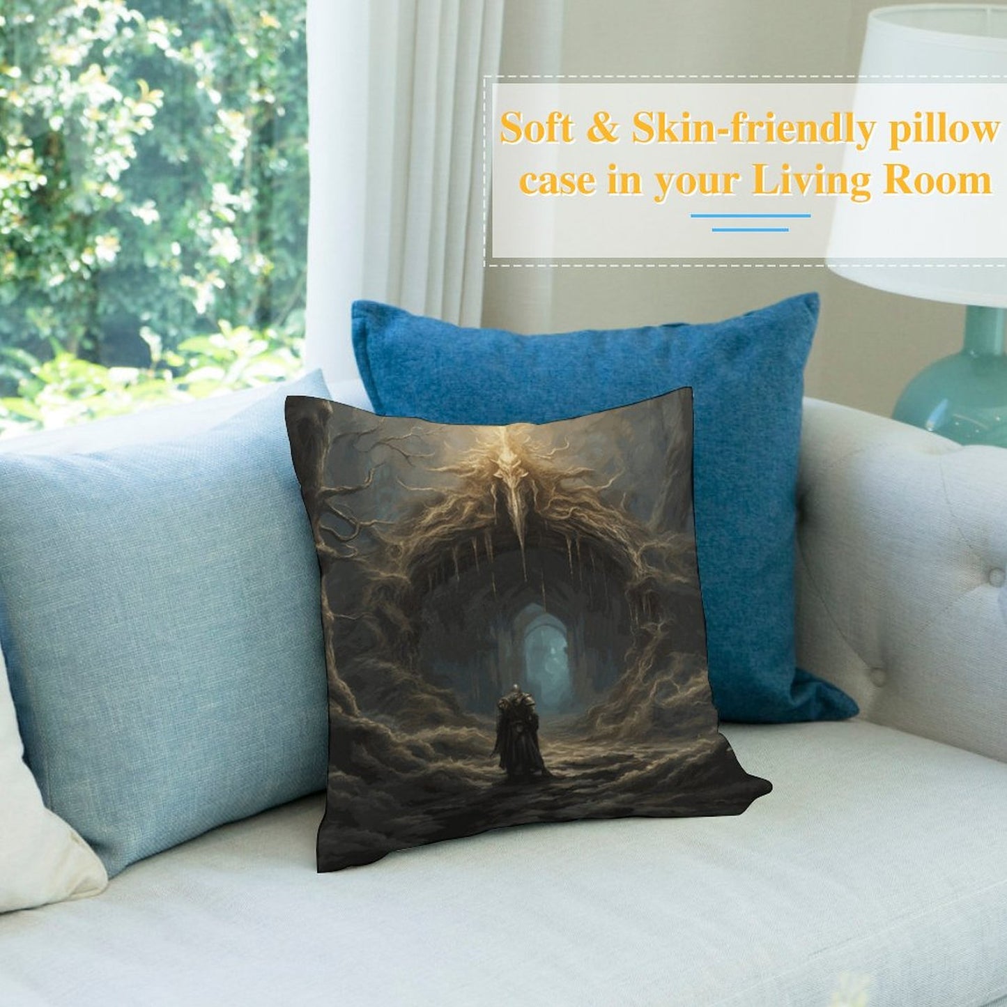 Decorative pillow with a dark fantasy design on a light-colored sofa with blue and gray pillows.