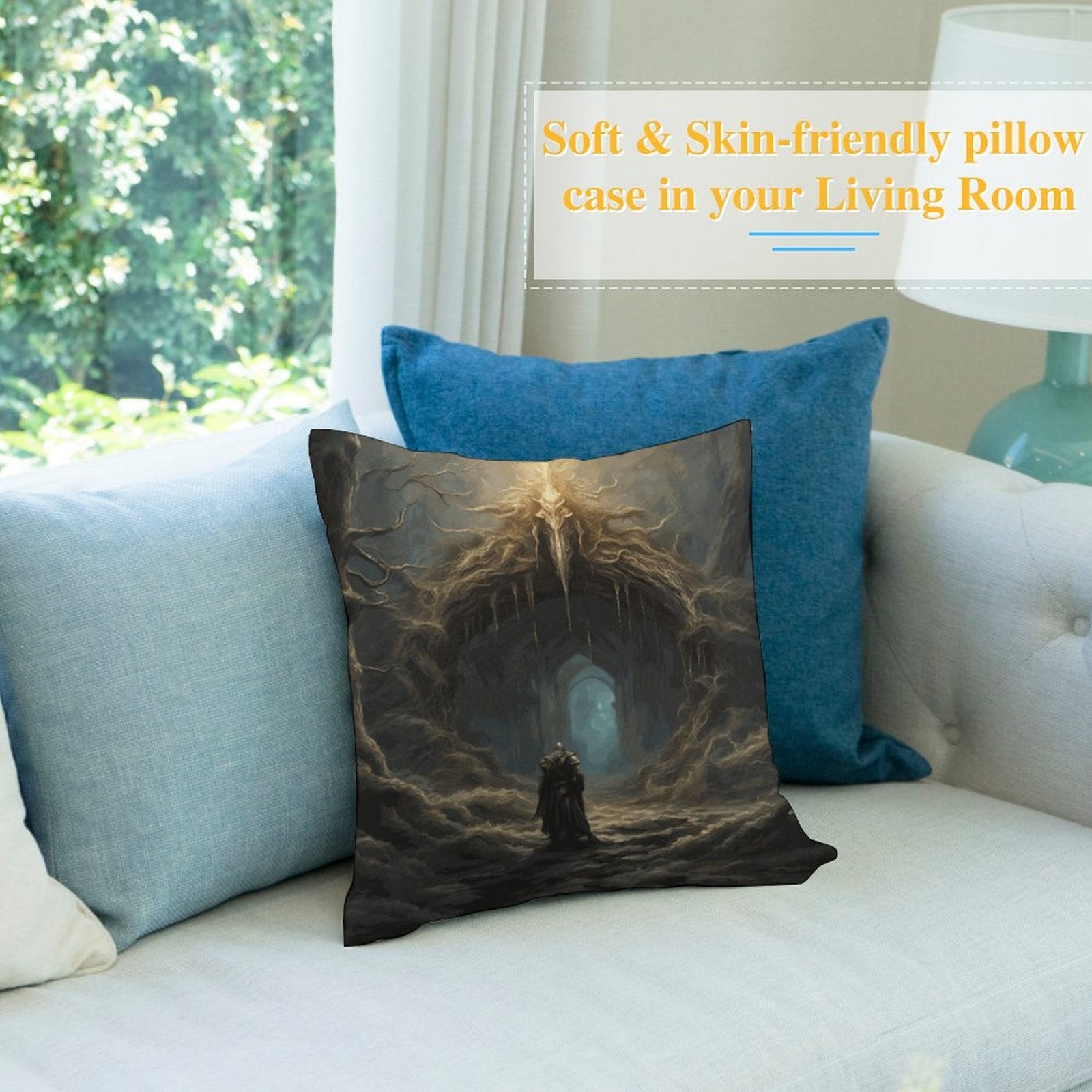Decorative pillow with a dark fantasy design on a light-colored sofa with blue and gray pillows.