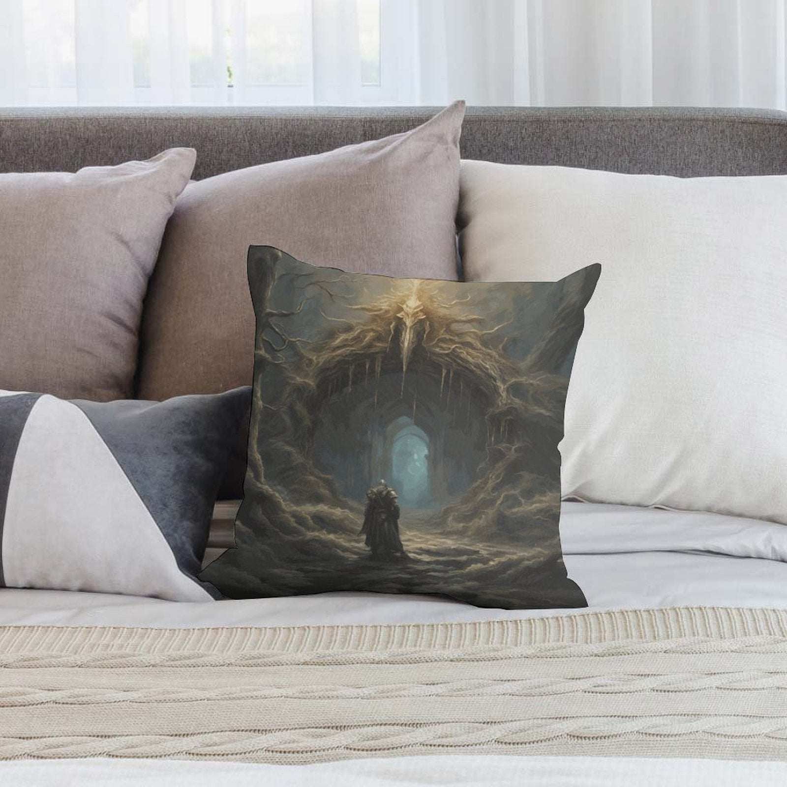 Decorative pillow with a fantasy design on a couch
