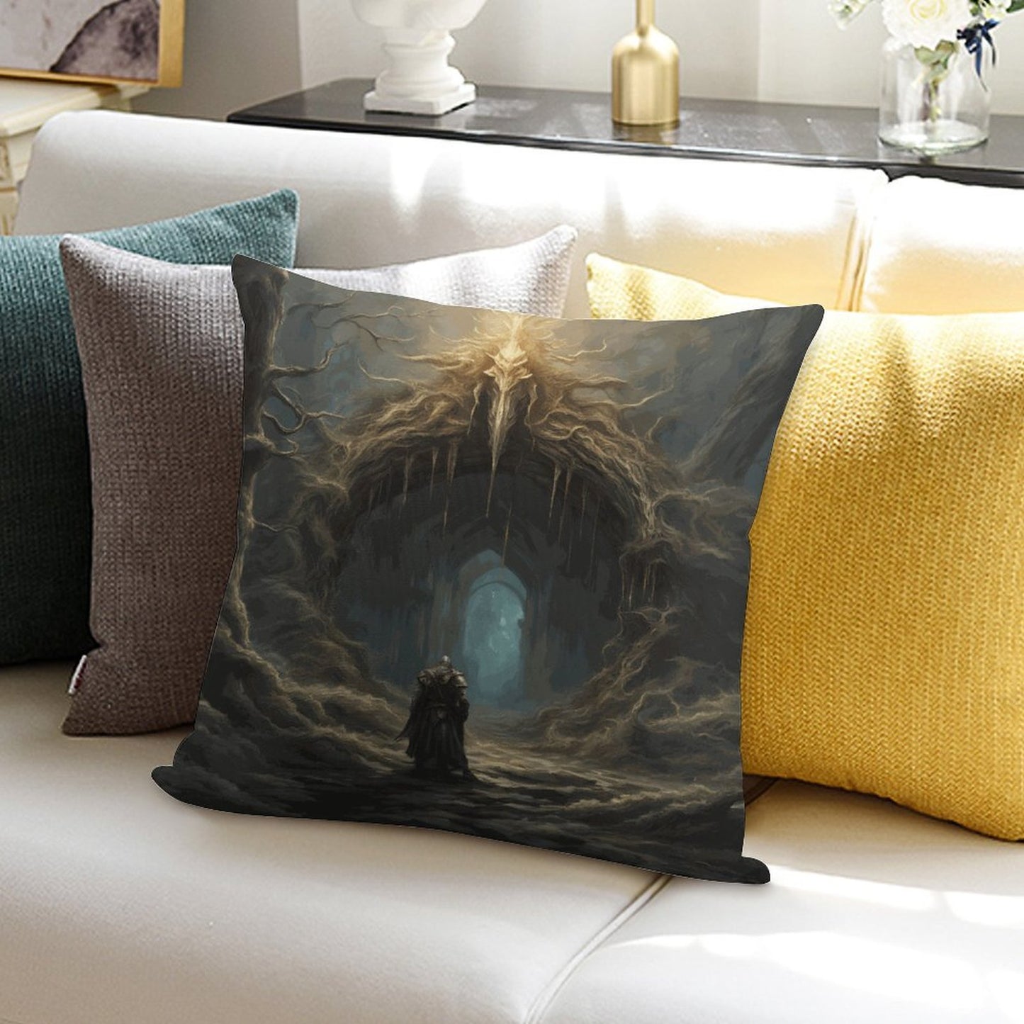 Decorative pillow with a fantasy design of a silhouette walking towards a glowing door on a sofa.