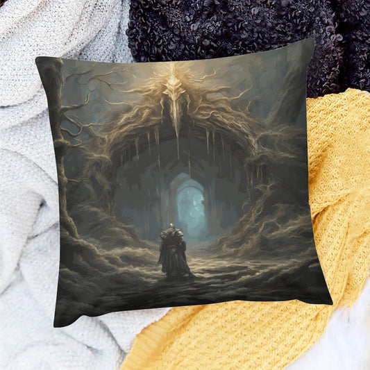 Decorative pillow with a fantasy design of a figure in a cave.